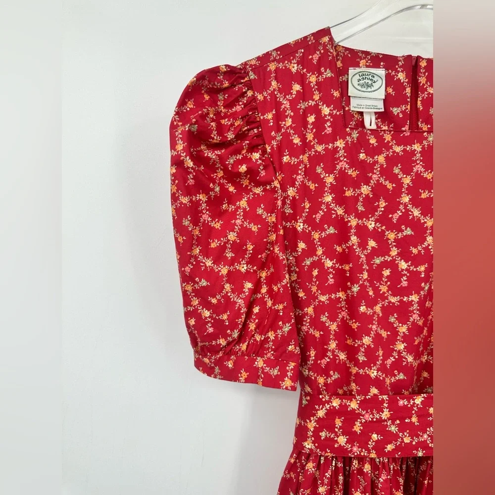 VTG 80s Lauren Ashley Puff Sleeves Red Floral Midi Dress 8 Cottagecore | AM584 - Picture 3 of 9